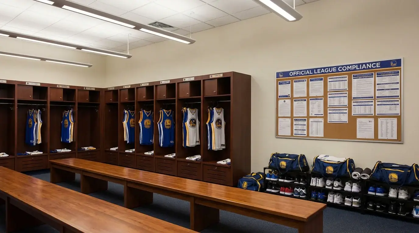 Professional basketball locker room with league compliance notices and player equipment