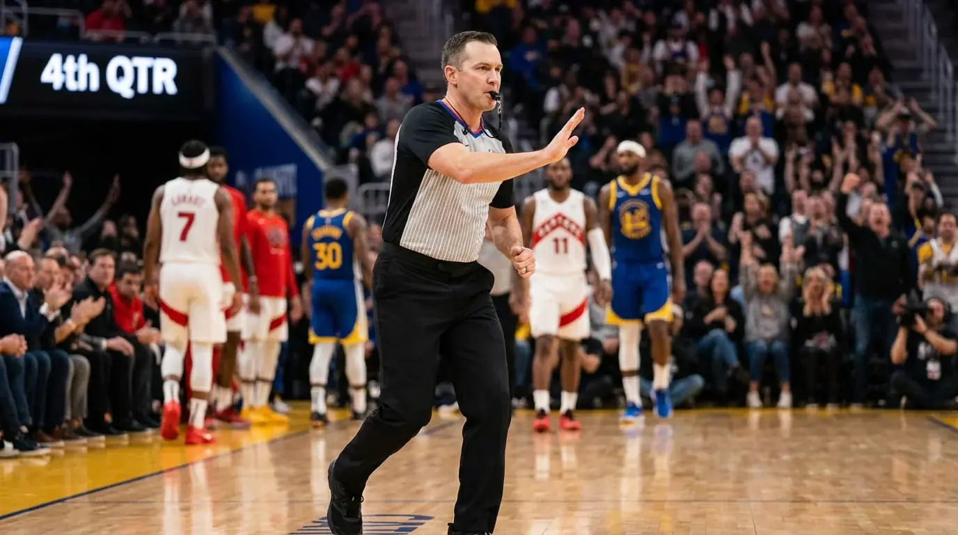 NBA referee signalling during professional basketball game with players and crowd in background