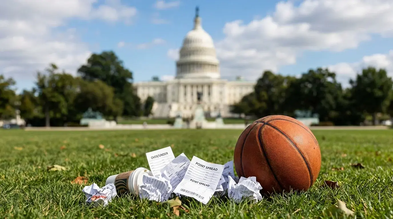 US Capitol building dome with basketball and betting slips in foreground